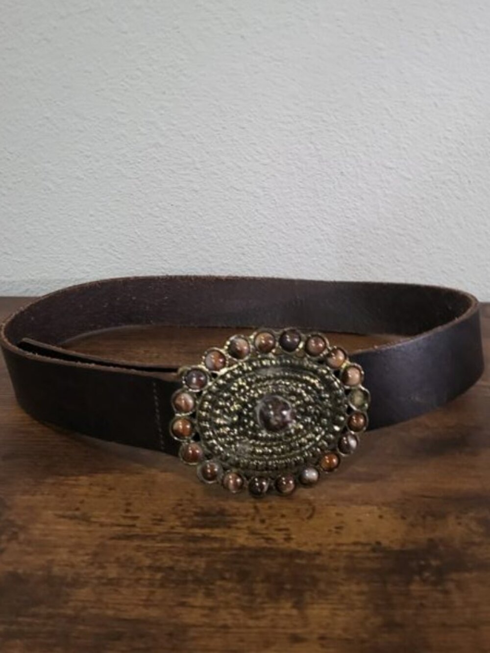 Boho Western Brown Leather Belt Oval Statement Buckle Brown Stones